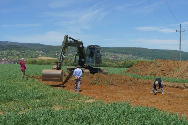 ein Bagger gräbt in einem Feld