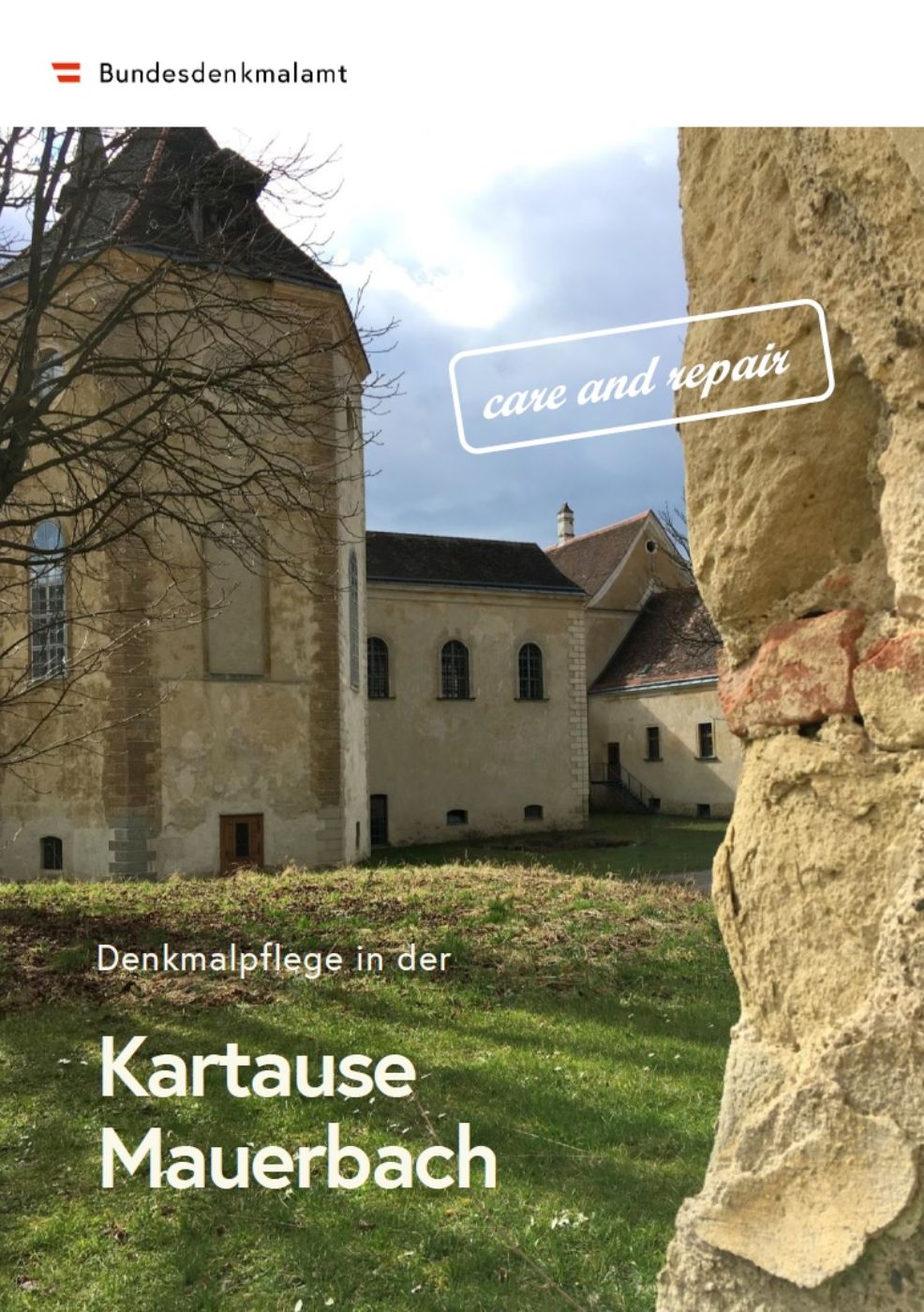 Plakat zur Sonderschau „care and repair“ der Kartause Mauerbach