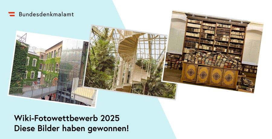 Slider zu "Wiki-Fotowettbewerb 2025" mit den Siegerfotos der Kategorien "Wiki Daheim", "Wiki Loves Monuments" und "Tag des Denkmals"