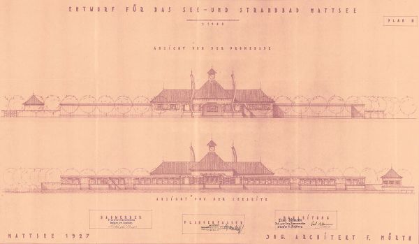 Foto der Baupläne des Seebades in Mattsee aus dem Jahr 1927