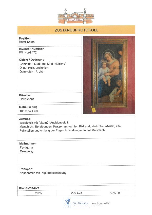 Dokument der Befundung der Gemälde von Pia Geseu